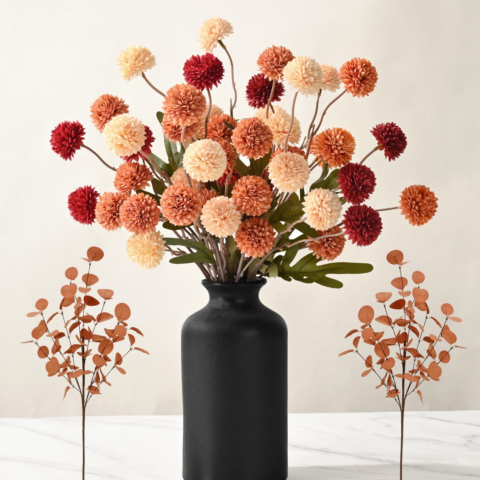 Photo 1 of Waipfaru 10pcs Fake Silk Pompon Mum Artificial Fall Flowers, Faux Mini Chrysanthemums with 2pcs Eucalyptus Stems, Fall Decor for Centerpieces Wedding, No vase, Multicoloured