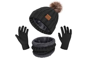 HRUTANE 3 Pcs Winter Hat Scarf and Gloves Set for Women, Warm Knit Fleece Lined Beanies Neck Warmer Touchscreen Gloves