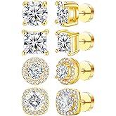 NEWITIN 4 Pairs Stainless Steel Stud Earrings for Men Hypoallergenic Earring Flatback Earring Screw Back Silver Gold Studs Inlaid Cubic Zirconia Stud Earrings for Women Men