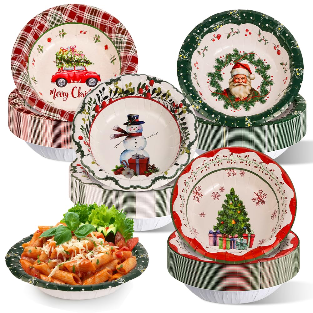 Photo 1 of 100Pcs Christmas Paper Bowls Bulk 12 oz Merry Christmas Tree Treat Disposable Paper Bowls Cute Snowman Santa Truck Snack Cups Soup Dessert Tablewares for Xmas Winter Birthday Party Favors