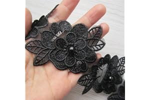SHBBON 2 Yards 3D Flower Lace Trim Pearl Embroidered Polyester Lace Ribbon Fabric Applique Patchwork for Wedding Dress Handmade DIY Sewing Craft Supplies Decoration (Black)