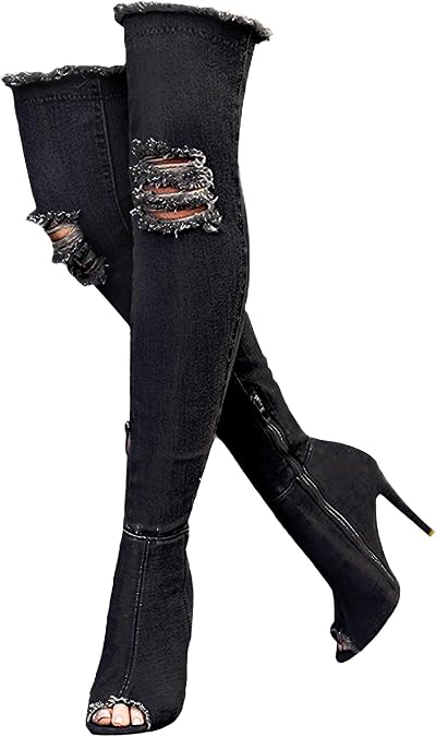 denim peep toe thigh high boots
