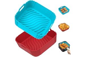 Redfly 2 Pack Silicone Air Fryer Liners, Square Reusable Non-Stick Basket Inserts for 4-5 QT Air Fryers, Dishwasher Safe Parchment Paper Replacement Accessories Red & Blue