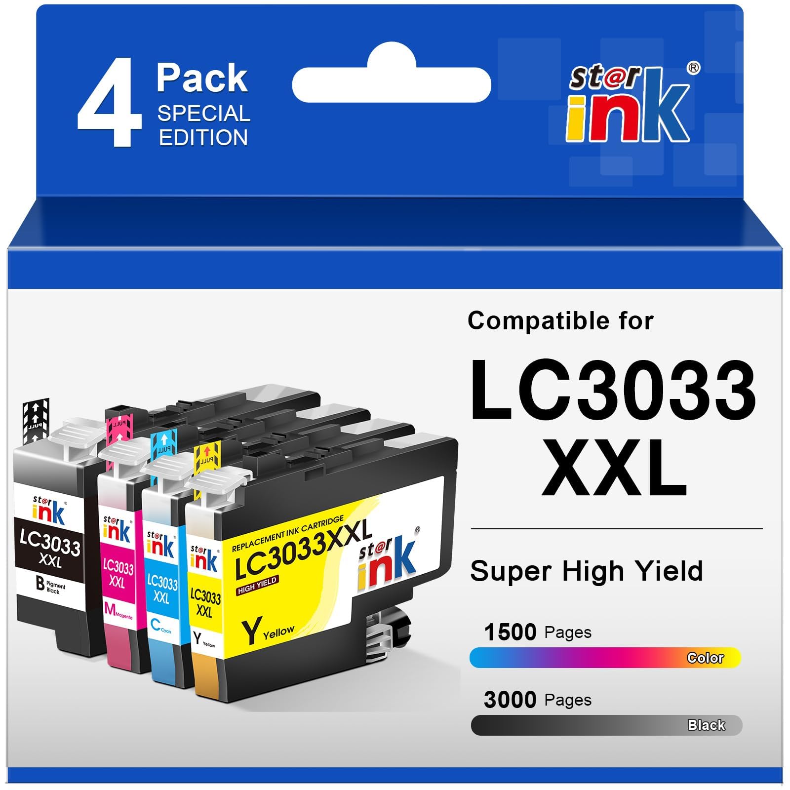 Photo 1 of Compatible for LC3033 BK C M Y Ink Cartridges Brother LC3033XXL Super High-Yield Replacement for Brother Ink Cartridges LC3033 LC-3033 LC3035 Work with MFC-J995DW MFC-J805DW MFC-J815DW Printer-4 Packs