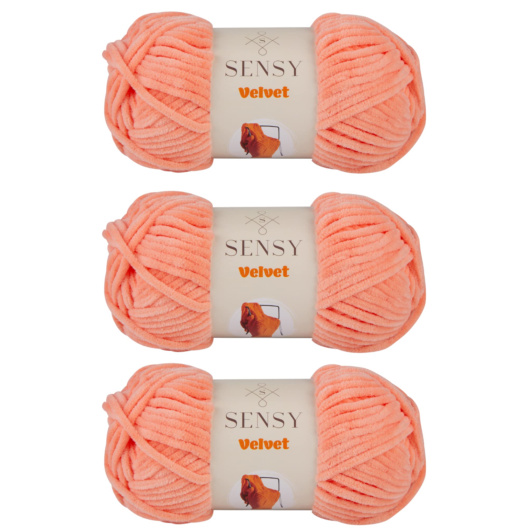 3 Skeins of Sensy Velvet Yarn for Crocheting, Baby Blanket Yarn, Chenille Yarn, Amigurumi Yarn, 3.5 oz, 132 Yards, Gauge 5 Bulky (Salmon)