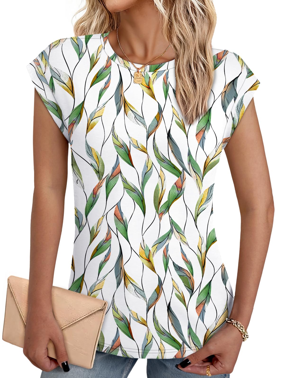 NORACORA Ladies Tops and Blouses Loose Fit Colored Tops Summer Shirts Womens Print Fashion Summer Tops Spring Outfits Casual Basic Tees Colorful Leaf L