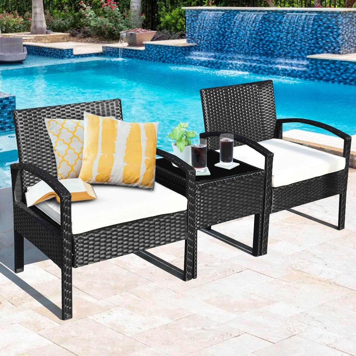 Tangkula AM0583HM 3 Piece Patio Furniture Set with 2 Cushioned Chairs & End Table, Black: Garden & Outdoor