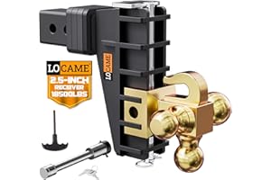 LOCAME Adjustable Trailer Hitch with Hook, Tri-Ball (1-7/8", 2", 2-5/16") Drop Hitch, Fits 2.5 Inch Receiver, 6" Drop Down Hitch, 18,500 LBS Heavy Duty Truck, Solid Ball Mount, Gold, LC0085
