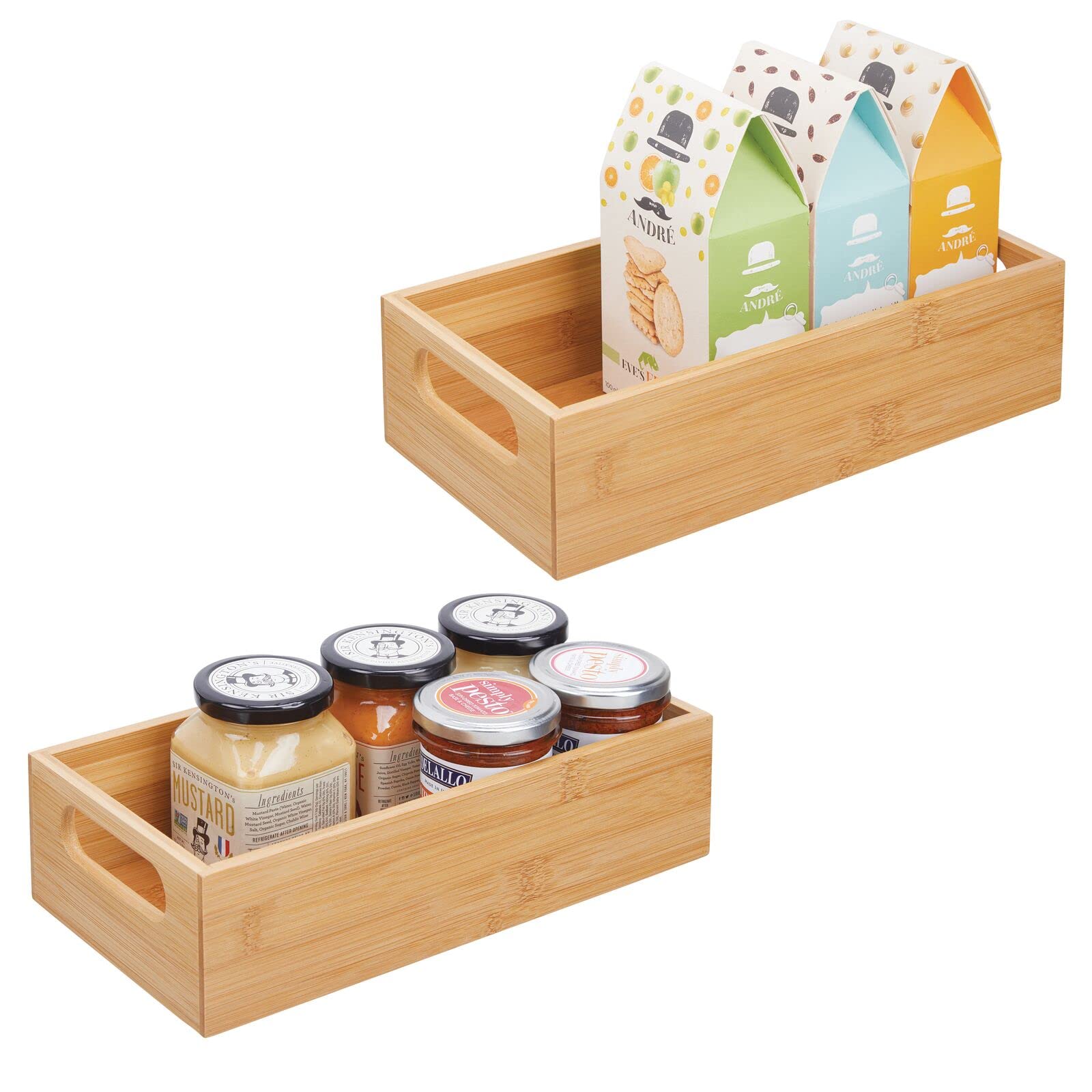 mDesign Set of 2 Kitchen Storage Box – Open-Top Bamboo Storage Tray with Handles – Ideal for Use as a Cupboard Organiser or on The Shelf – Natural Bamboo — image 1