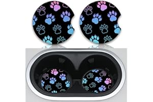 ADASTRAH Absorbent Car Coasters for Cup Holders, 2 Pack Universal Neoprene Car Coasters with Finger Slot, Auto Accessories for Women & Men,2.56"(Gradient Black Dog paw Print)