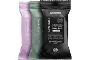 Noshinku Discovery Hand Sanitizer Wipes, 3-Pack (45 Towelettes) – Resealable Travel Wipes with Ethyl Alcohol, Aloe & Green Tea, Plant-Based Fiber, Essential Oil Scents, Cruelty-Free & No Dyes