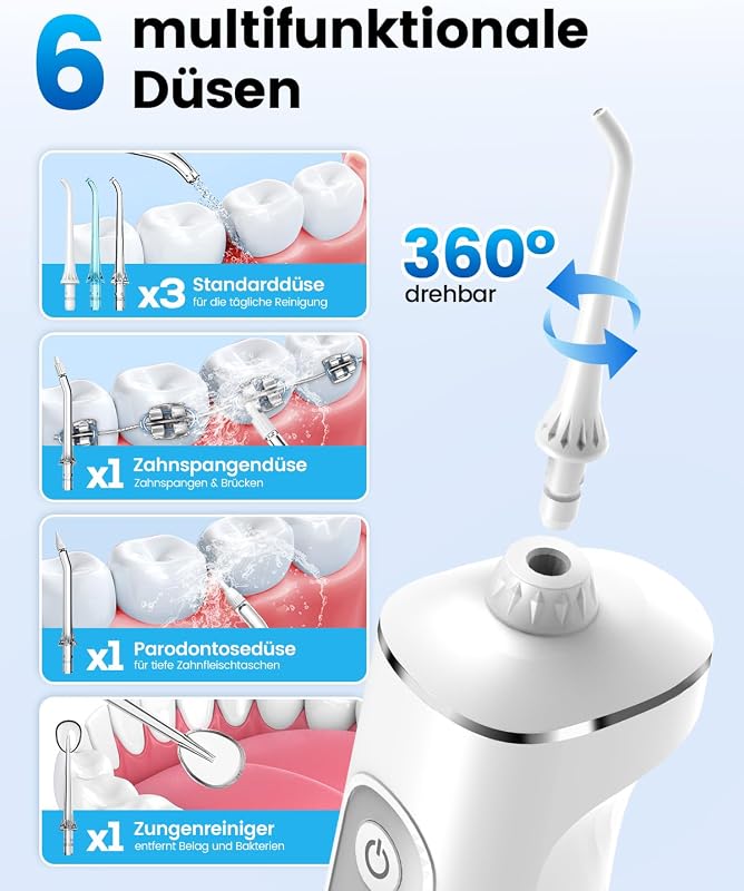 Jet Dentaire Hydropulseur Oral - 300 ML Sans Fil Irrigateur, 3+1 Modes, Étanche IPX7 Water Flosser, Idéal pour Orthodontie, Appareil Dentaire, Gencives Sensibles Maison et Les Voyages(Blanc)