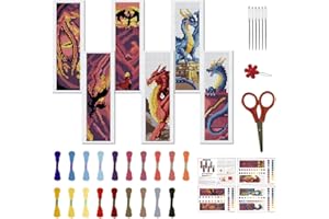 FREEBLOSS 6 Set Cross Stitch Bookmark Stamped Cross Stitch Kit with 6 Different Dragon Patterns Embroidery Kit with Instruction DIY Bookmark Kit for Gift Adults 8''x2.4''