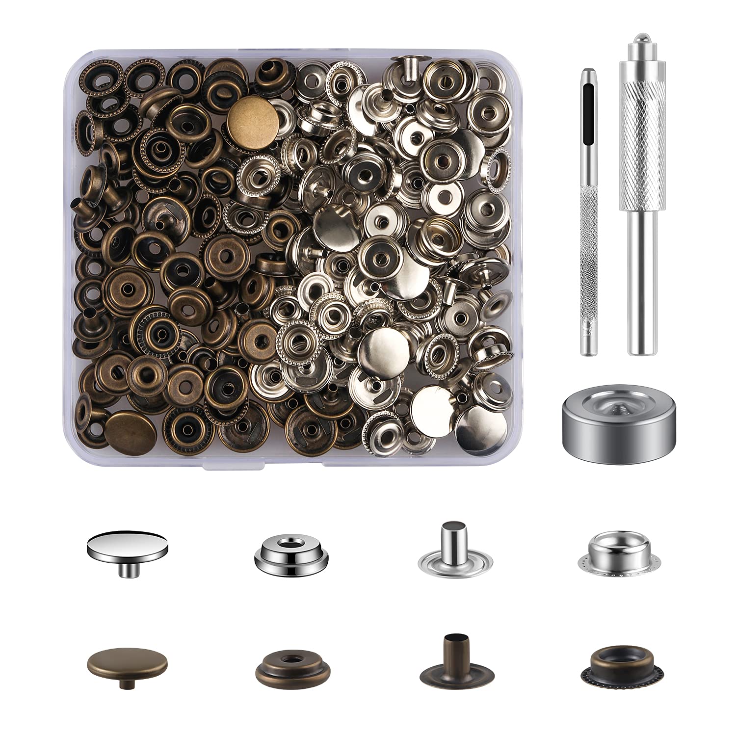 50 Sets Press Studs Cap Button, MSDADA Stainless Steel Snap Fasteners Kit with Hand Fixing Tools, Instant Metal Buttons No-Sew Clips Snap for Bags, Jeans, Clothes, Fabric, Leather(Bronze+Silver)