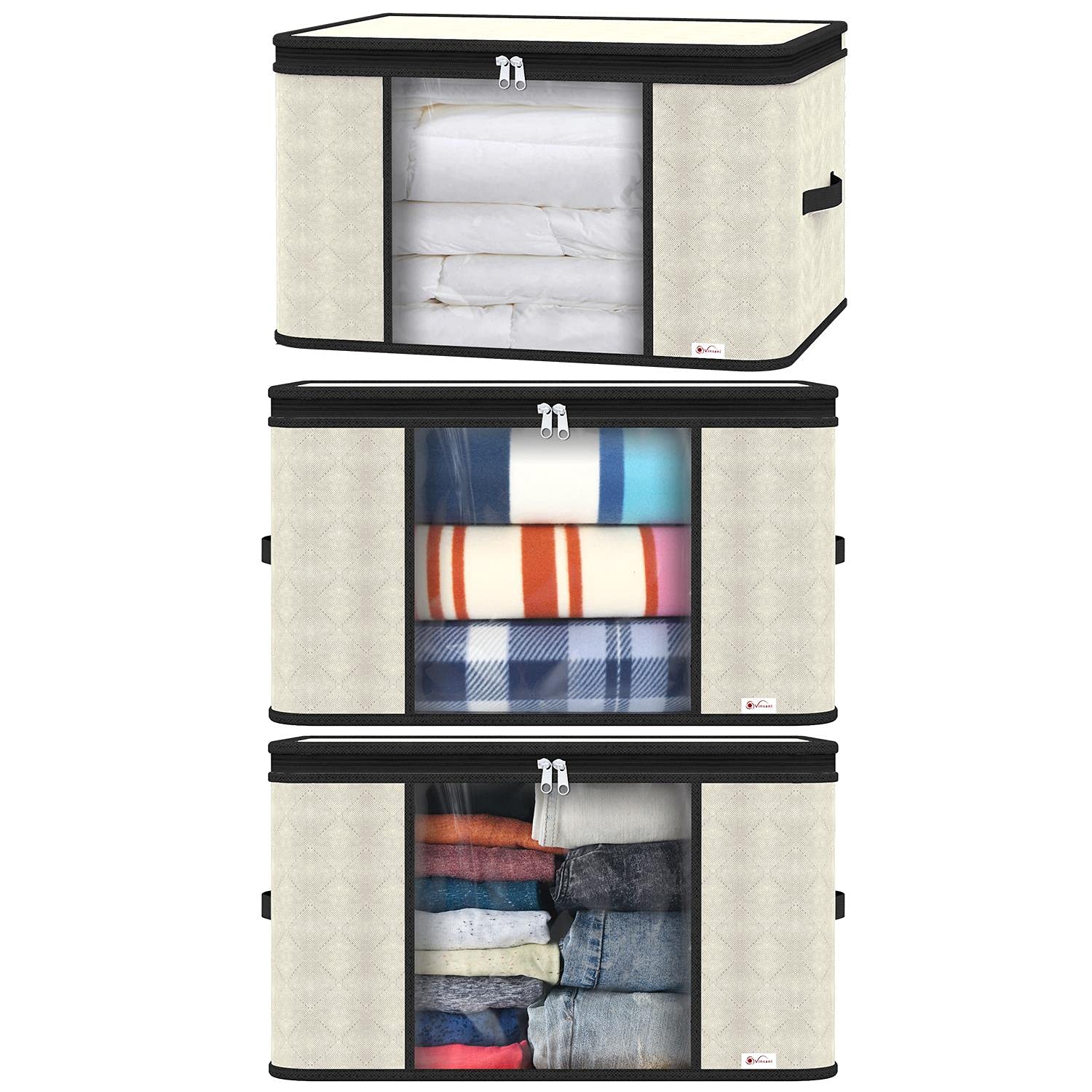 Vinsani 3pcs Deluxe Clothes Storage Bags Organizer Large Capacity Double Zipper, Moisture-Proof Big Clear Windows Perfect Space for Clothes, Beddings, Blankets and Duvet - Cream