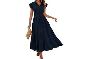 dowerme Women's Summer Casual Dresses 2025 Cap Ruffle Sleeve V Neck Button Belted Tiered Boho Maxi Dress with Pockets