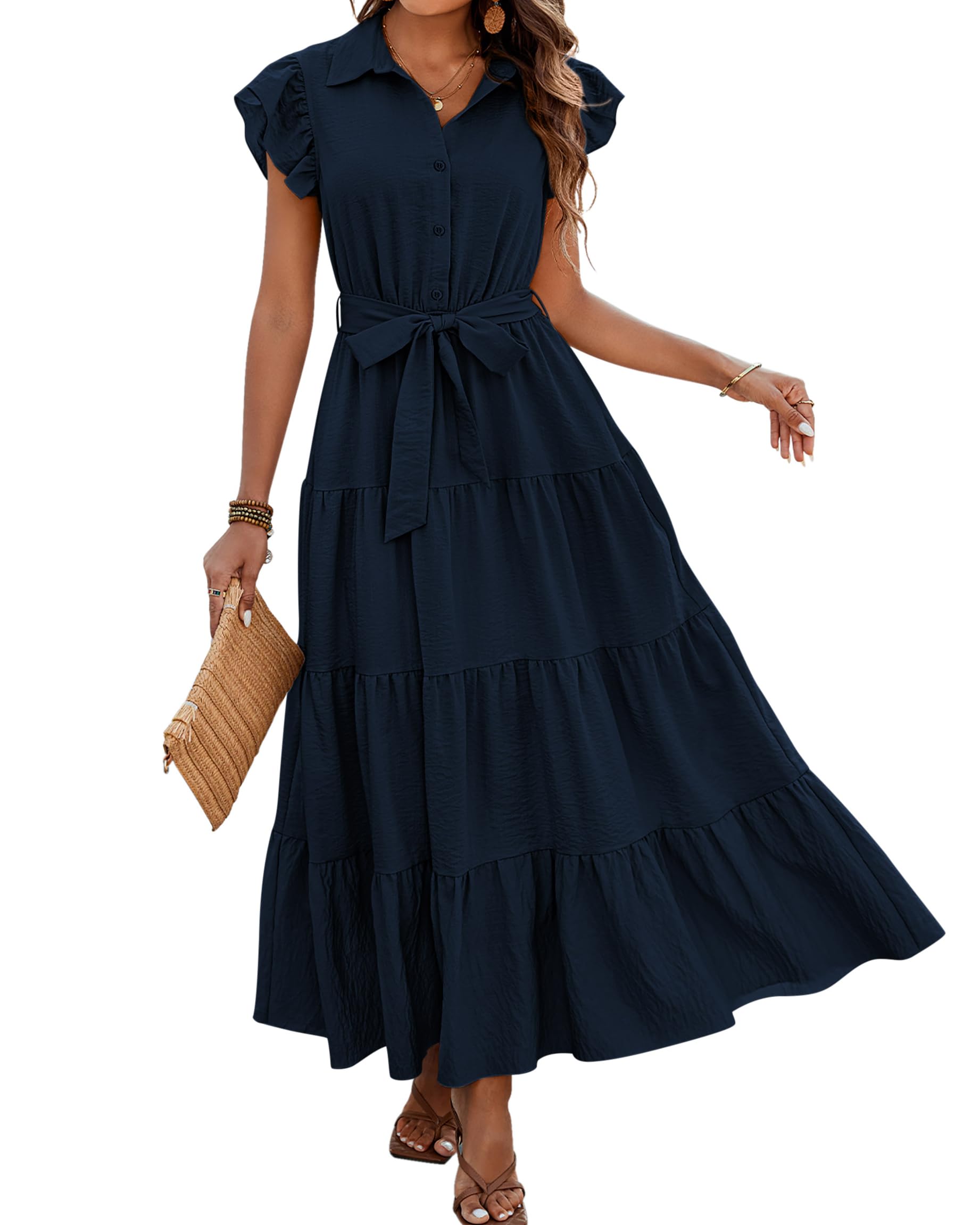 Photo 1 of **MISSING THE BELT PIECE**dowerme Women's Summer Casual Dresses 2025 Cap Ruffle Sleeve V Neck Button Belted Tiered Boho Maxi Dress with Pockets(Navy,XX-Large)
