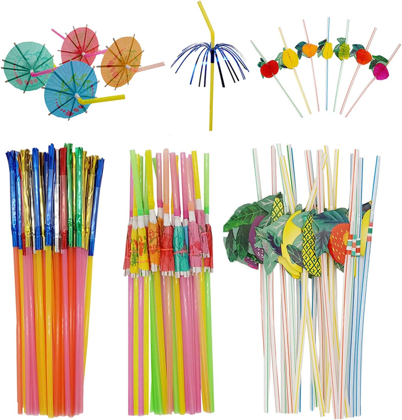 Kbraveo 150Pcs 3Kinds Fruit Straws Umbrella Straws Glitter Fringed Metallic Straws for Luau Hawaiian Tropical Beach, Kitchen Supplies, Bars, Restaurants, Celebratory Event Party
