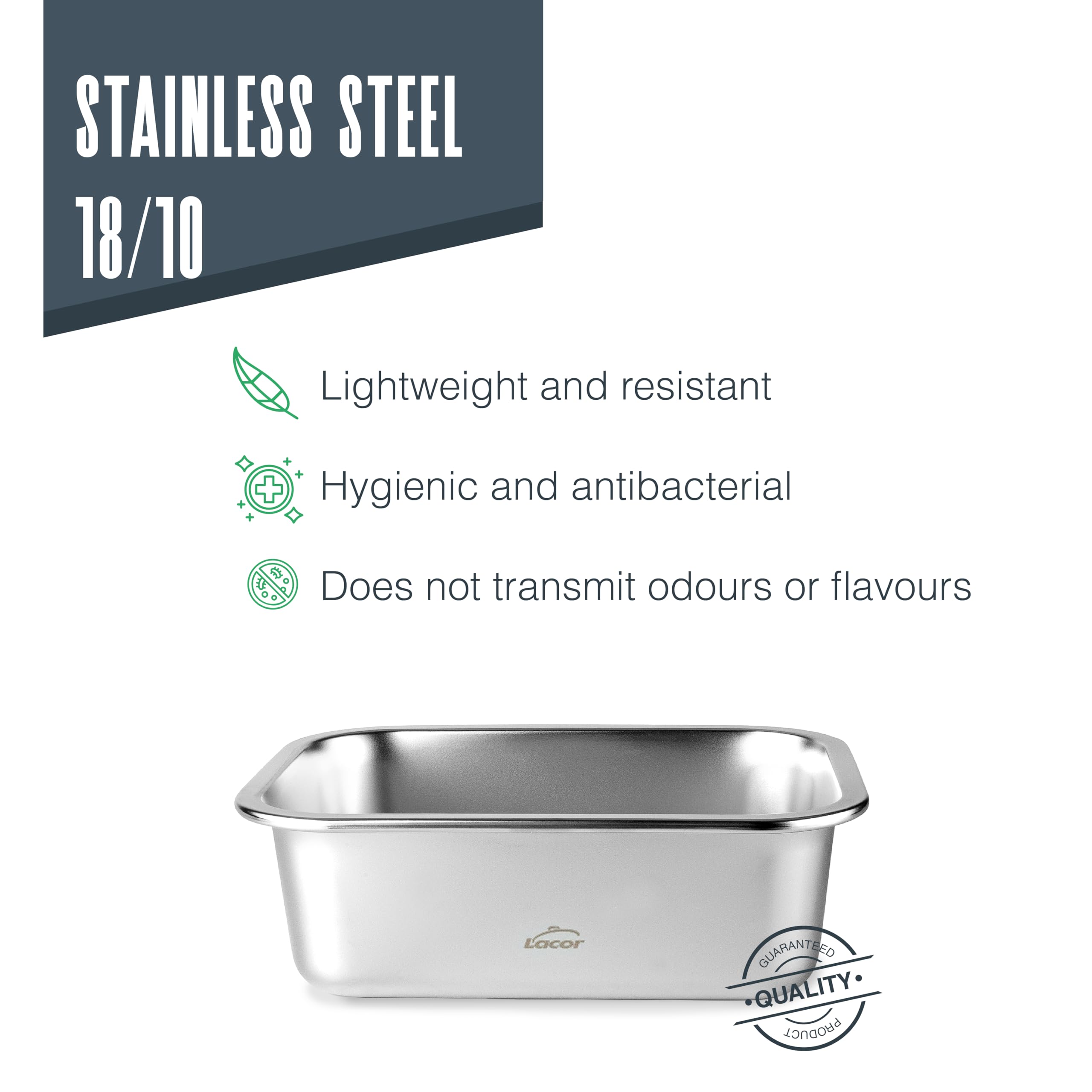 LACOR 64617 - Set mit 3 Behältern für Lebensmittel, Ecoinox, Edelstahl 18/10, 800/1200/1800 ml, geeignet für Mikrowelle, Backofen, Gefrierschrank und Spülmaschine, luftdicht, BPA-frei 3