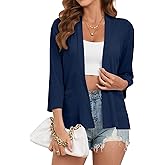 Poplab Womens Summer Loose Fit Lightweight Cardigan 3/4 Sleeve Open Front Sheer Cover Ups Hight Low Hem with Pockets