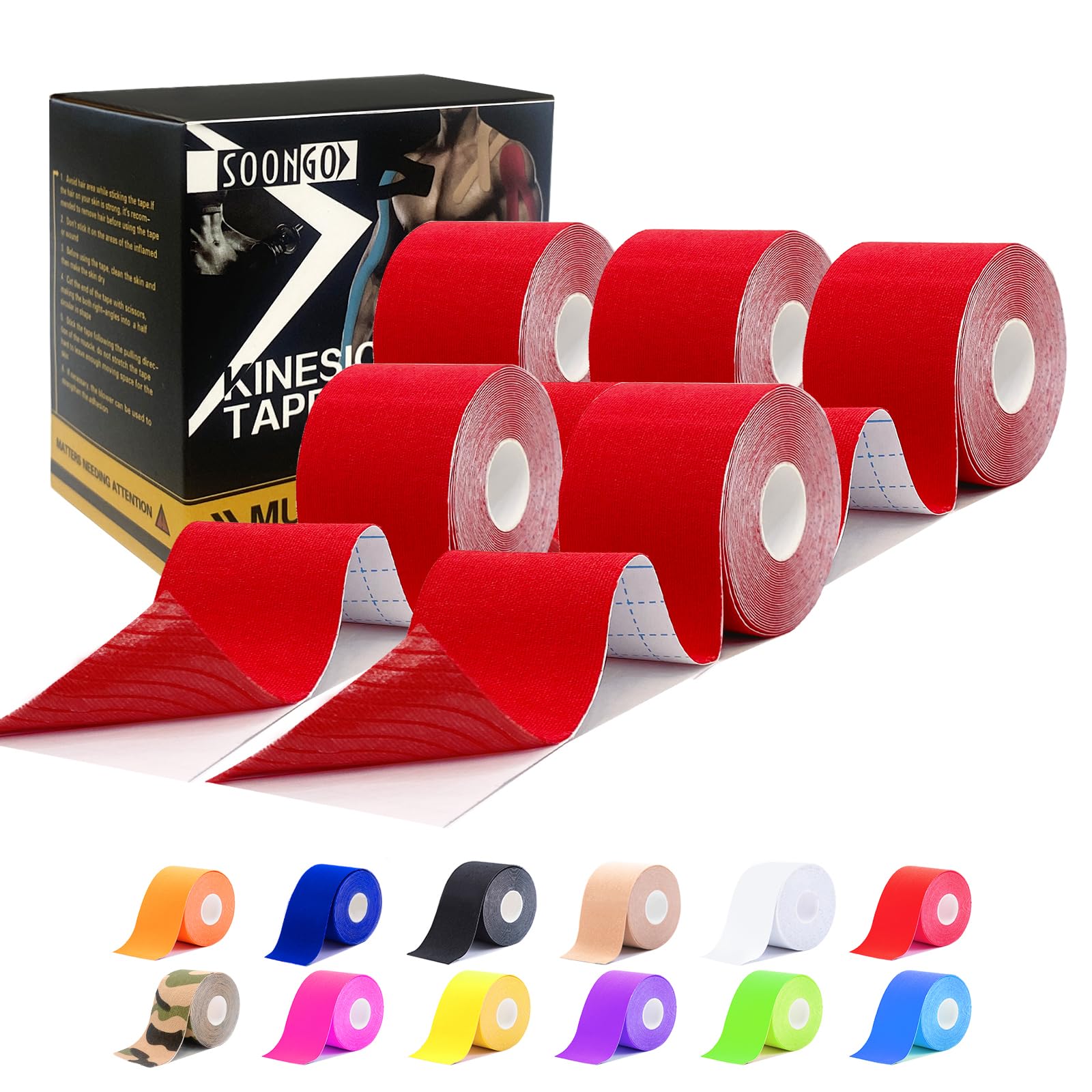 Kinesiology Tape Rock Tape 5 Rolls Relieve Muscle Soreness and Strain Shoulders Wrists Knees Ankles Elastic Waterproof Good Air Permeability Hypoallergenic Red 5cm*5m By SOONGO