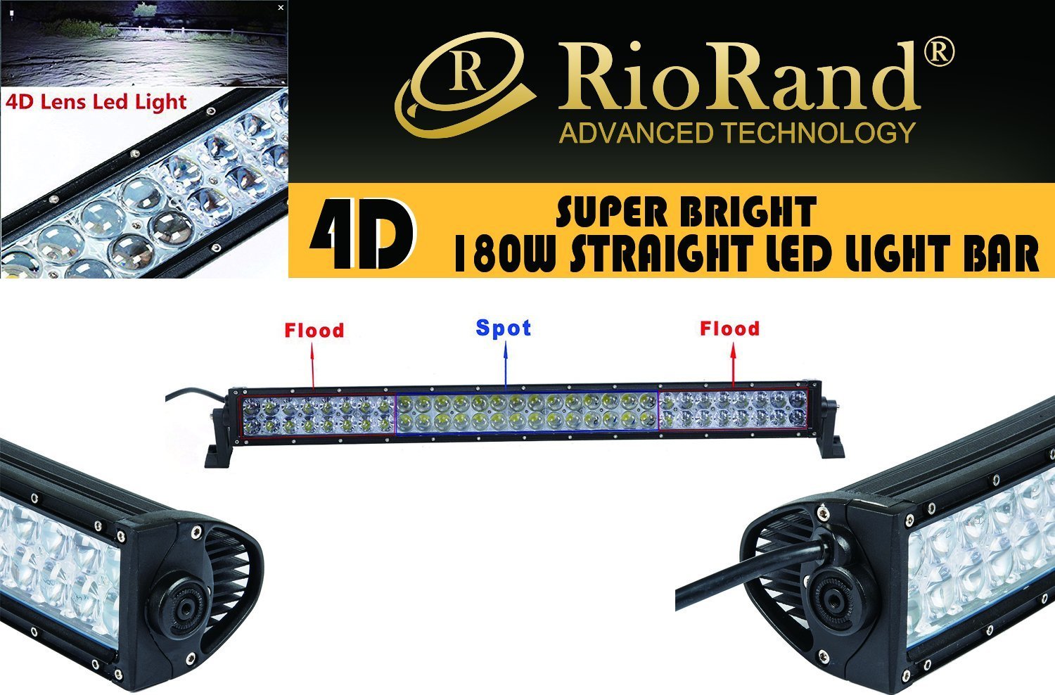 RioRand 180W 4D Lens Led Light Straight Off Road Epistar LED Work Light Bar Spot Flood Combo Beam High Intensity LEDs Radius Fog Headlight (180W 4D lens work light)