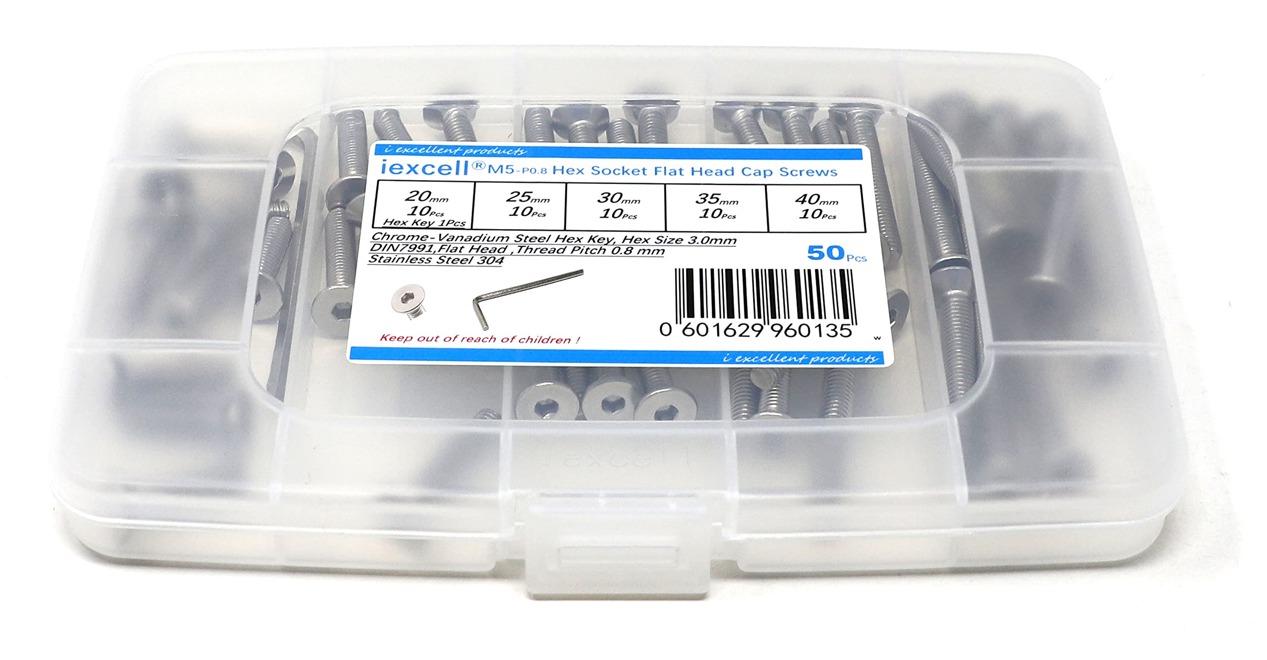 iexcell 50 Pcs Metric M5 x 20/25/30/35/40 Stainless Steel 304 Hex Socket Flat Head Cap Screws Bolts Assortment Kit — image 1