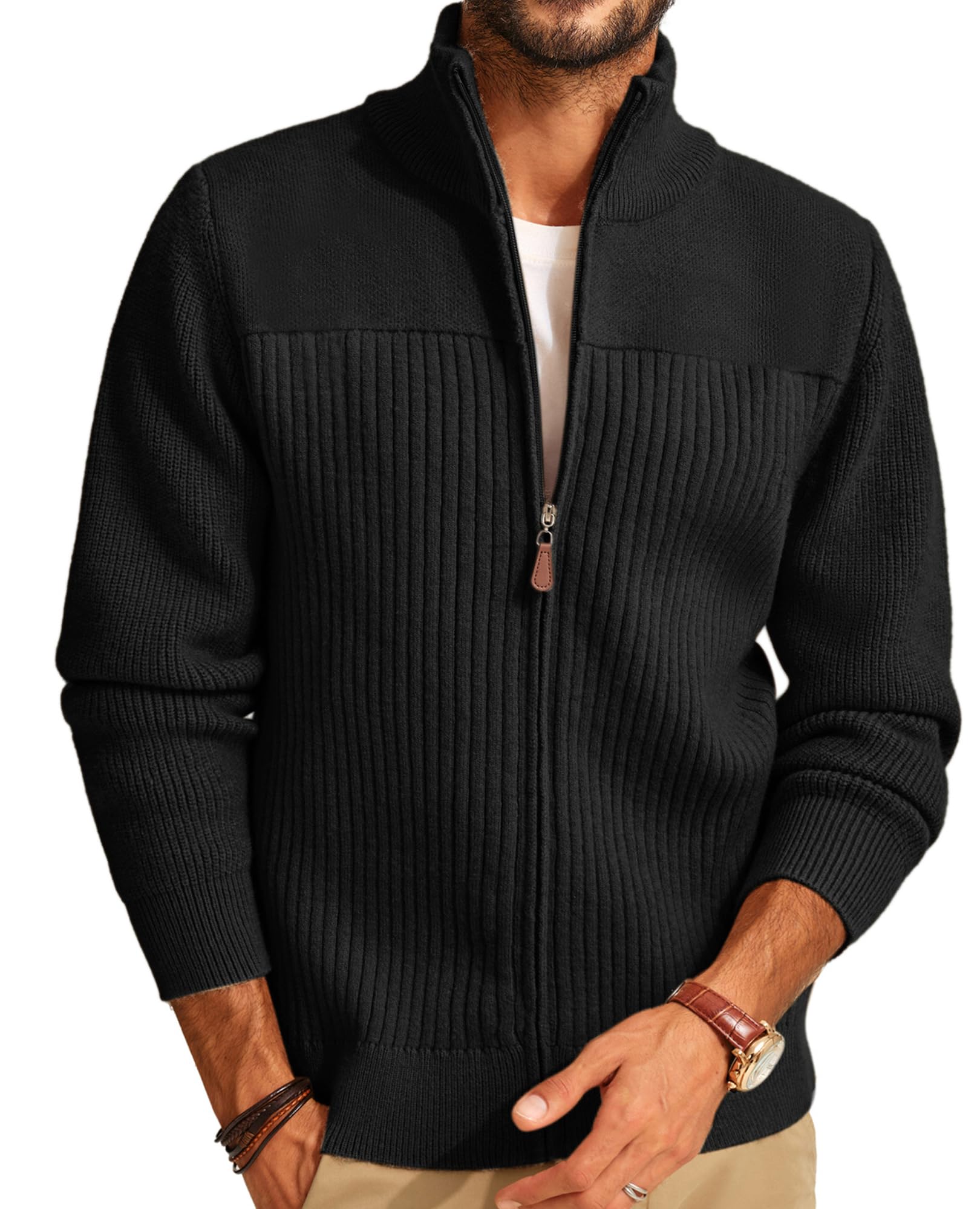 Photo 1 of PJ PAUL JONES Men's Long Sleeve Cardigan Full Zip Up Stand Collar Casual Knitted Sweater Textured Black Cardigan Sweater XXL