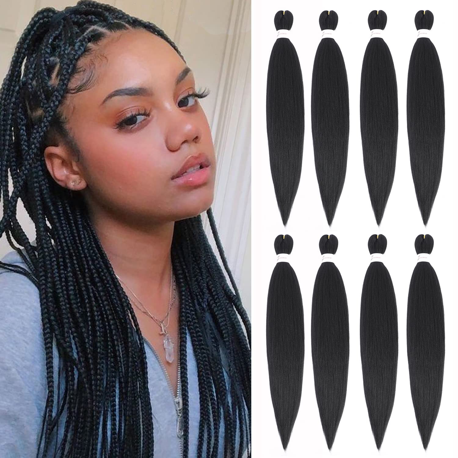 Originea 8 Packs Pre Stretched Braiding Hair 26 inch Yaki Texture EZ Braids Extensions Hair for Braiding Hot Water Setting Synthetic Hair Extensions (#1B)