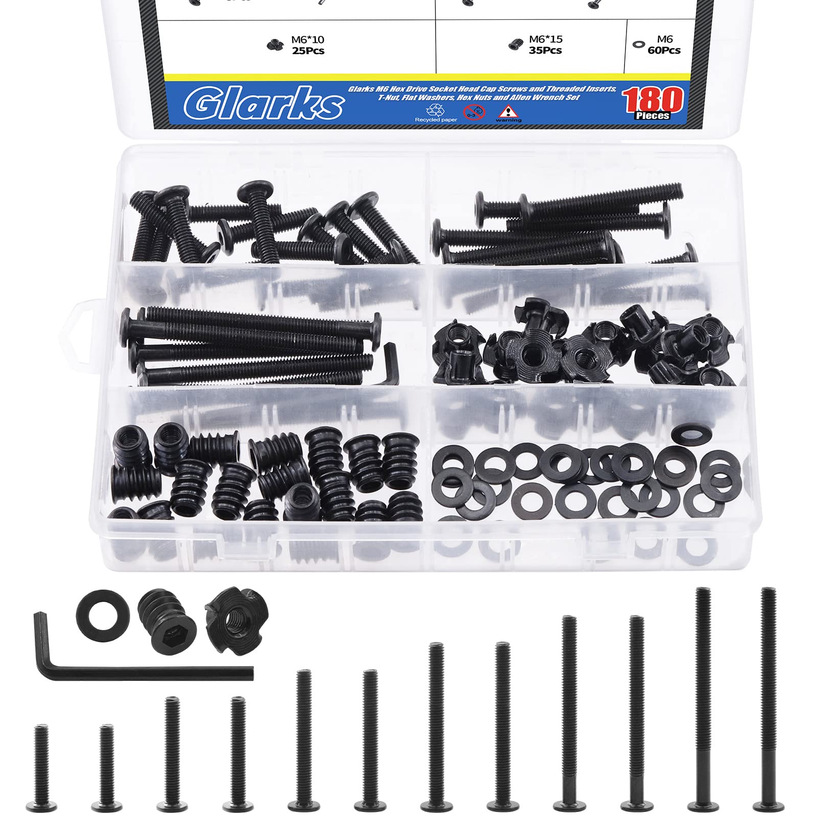 Glarks 181Pcs M6x30/40/50/60/70/80mm Black Zinc Button Head Hex Socket Screws Bolts Assortment Kit with M6 T-Nuts, Flat Washers, Threaded Inserts and Allen Wrench for Wood Furniture Fasteners