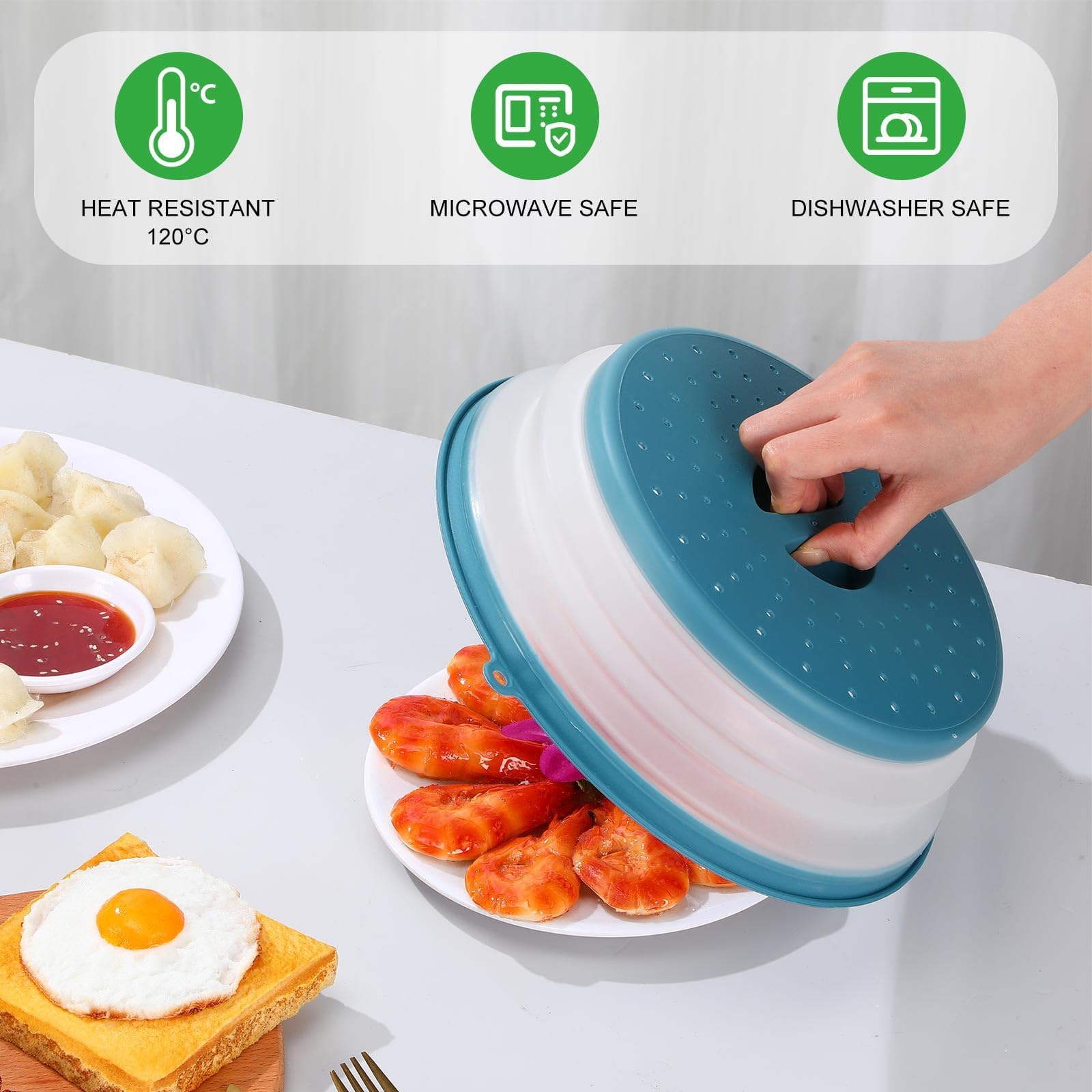 2 Stück Faltbare Mikrowellen Abdeckung, Deckel für Mikrowelle, Abdeckhaube für Mikrowellendeckel, Hoch Mikrowellen Spritzschutz, Faltbare Mikrowellenabdeckung mit Haken, für Obst, Gemüse (Grau, Blau) 5