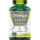 tnvitamins Triple Omega 3◆ 6◆ 9: 3600mg x 120 Softgels | Omega Essential Fatty Acids from Fish Oil (EPA & DHA), Flaxseed (ALA & LA), & Olive Oil (OA) | Supplement for Women & Men | Non-GMO