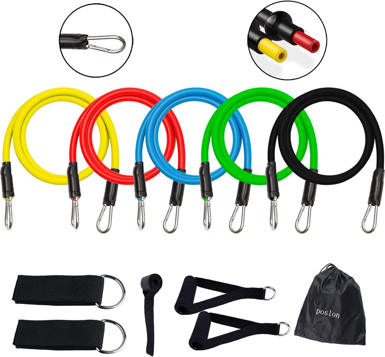 Poslon Resistance Bands Set Exercise Bands with Handles Door Anchor Waterproof Carry Bag Legs Ankle Straps for Resistance Training Home Workouts Indoor and Outdoor Sports