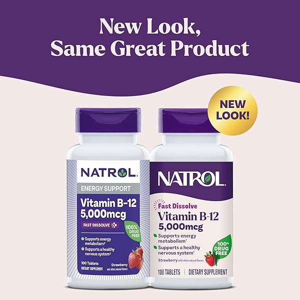 NATROL VITAMIN B12 5,000 MCG, FAST DISSOLVE VITAMIN B12 SUPPLEMENT SUPPORTS A HEALTHY NERVOUS SYSTEM AND ENERGY METABOLISM, 100 TABLETS, UP TO A 100 DAY SUPPLY