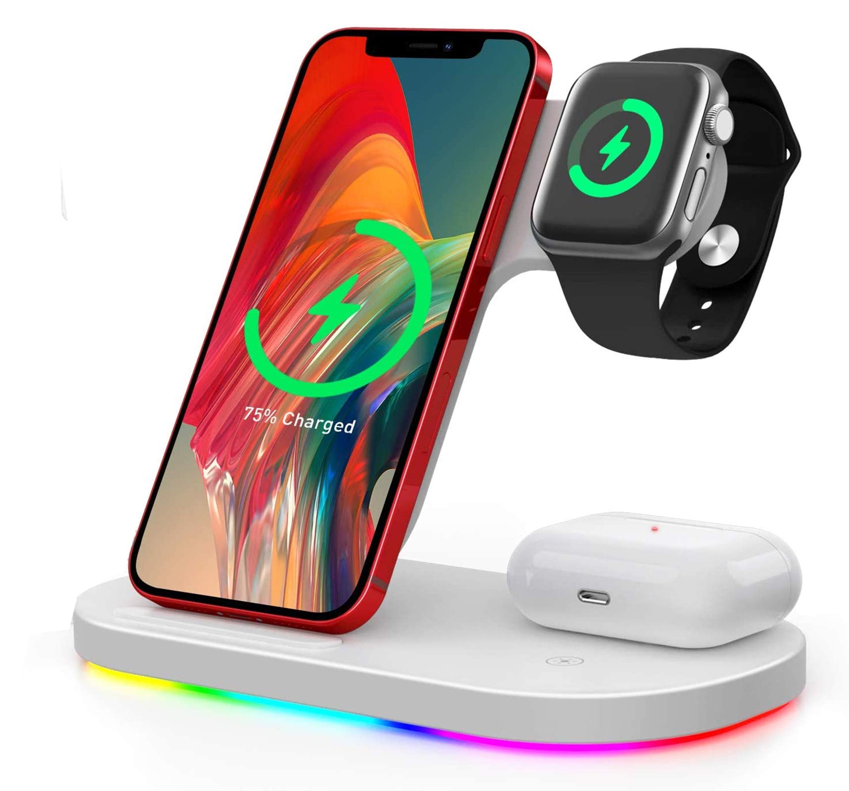 Wireless Charger 3 in 1 Fast Qi Charging Station Dock for Multiple Devices - Apple Watch SE/6/5/4/3/2, iPhone 15/14/13/13 Pro/12/11/XS Max/XR/8, Android Compatible