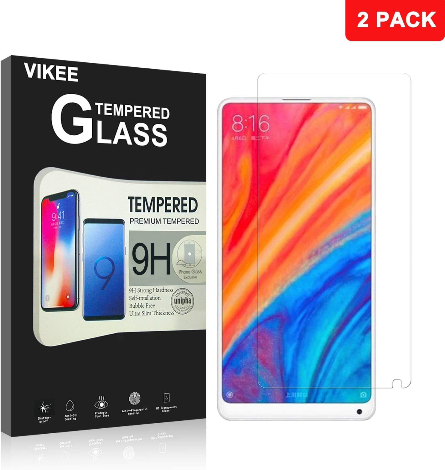 [2 Pack] Xiaomi MI Mix 2s Screen Protector, VIKEE HD Clear [Anti-Fingerprint][Bubble-Free][Easy to Install] 9H Hardness Tempered Glass Film for Xiaomi MI Mix 2s