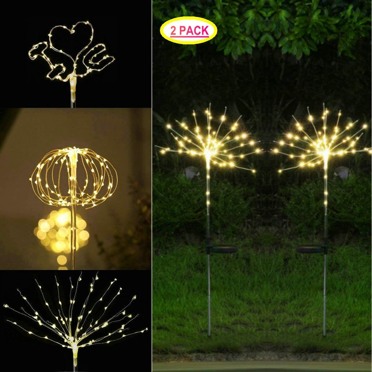 Firework Lights, 2 Pack Copper Wire LED Starry Fairy String Lights Solar Garden Stake Lights Outdoor Christmas Light for Landscape Pathway Patio Wedding Party Corridor (Firework Solar Lights Outdoor)