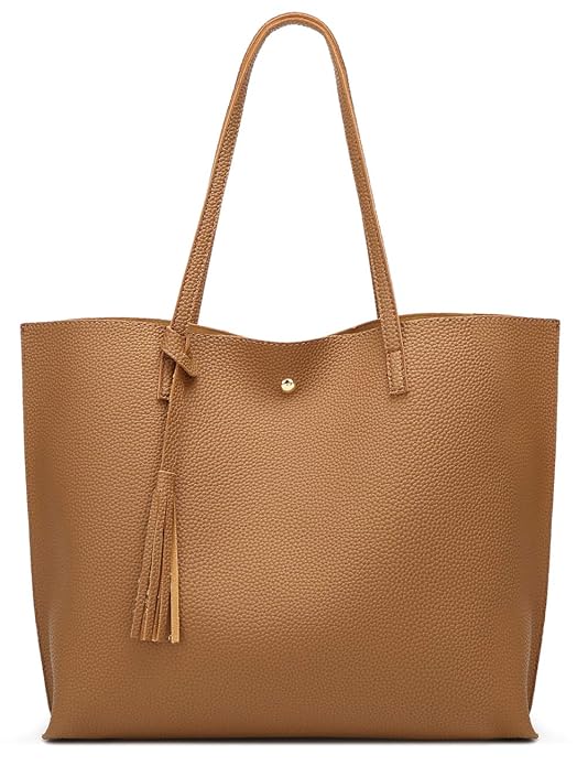 Women's Soft Leather Tote Shoulder Bag from Dreubea, Big Capacity Tassel Handbag Brown 2