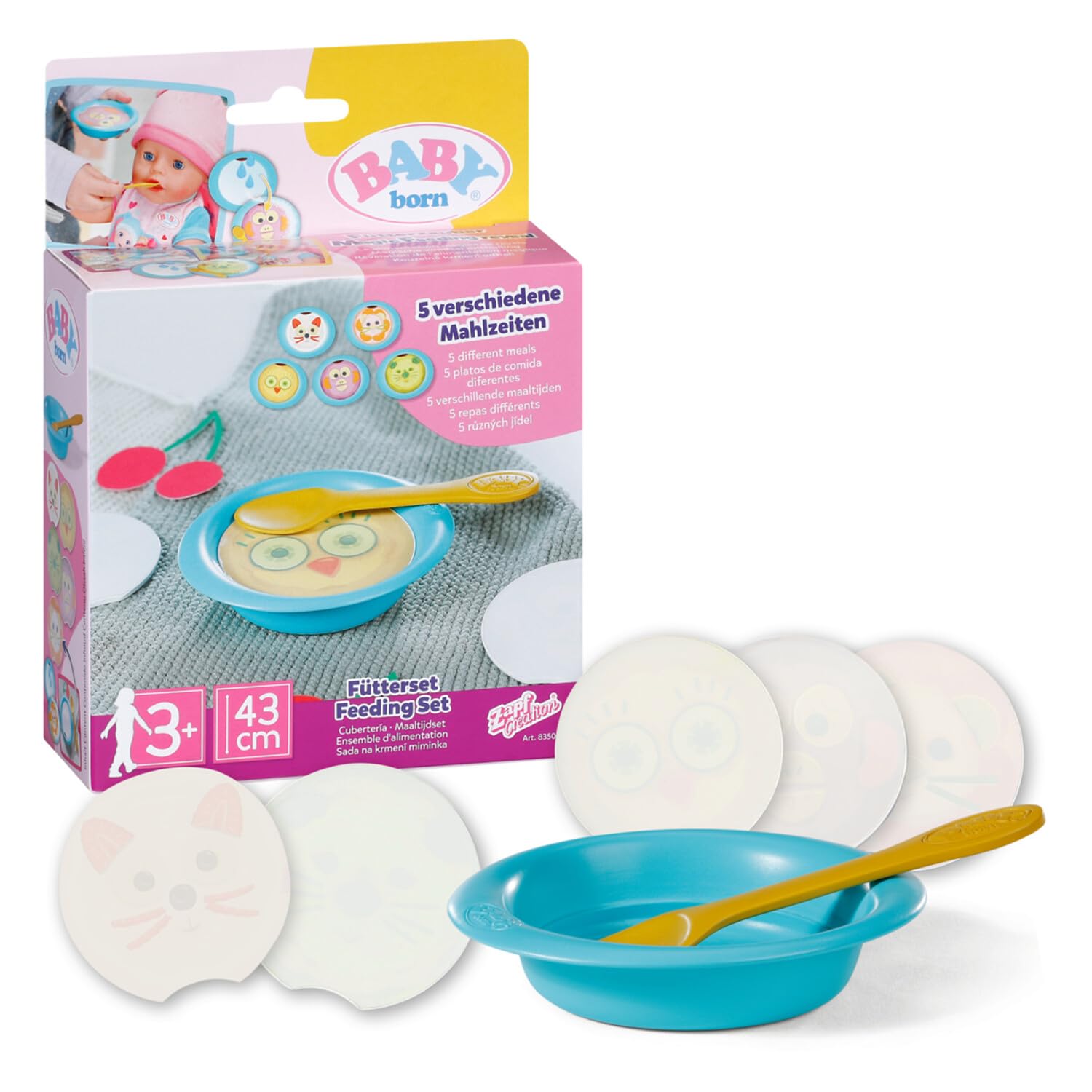 BABY born Feeding Set for Dolls with a Bowl, Spoon and 5 Water Reveal Meal Options with Fun Faces, For Children Aged 3+, 835029 Zapf Creation