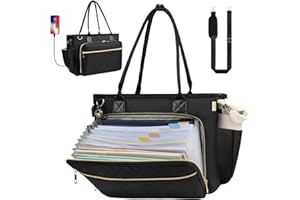 Veirdro Teacher Tote Bag with Accordion File Folder Pocket& USB Charging Port, Large Utility Work Tote Bag with 15.6 Inch Laptop Compartment& Insulated Pocket for Women School Teacher Nurse (Black)