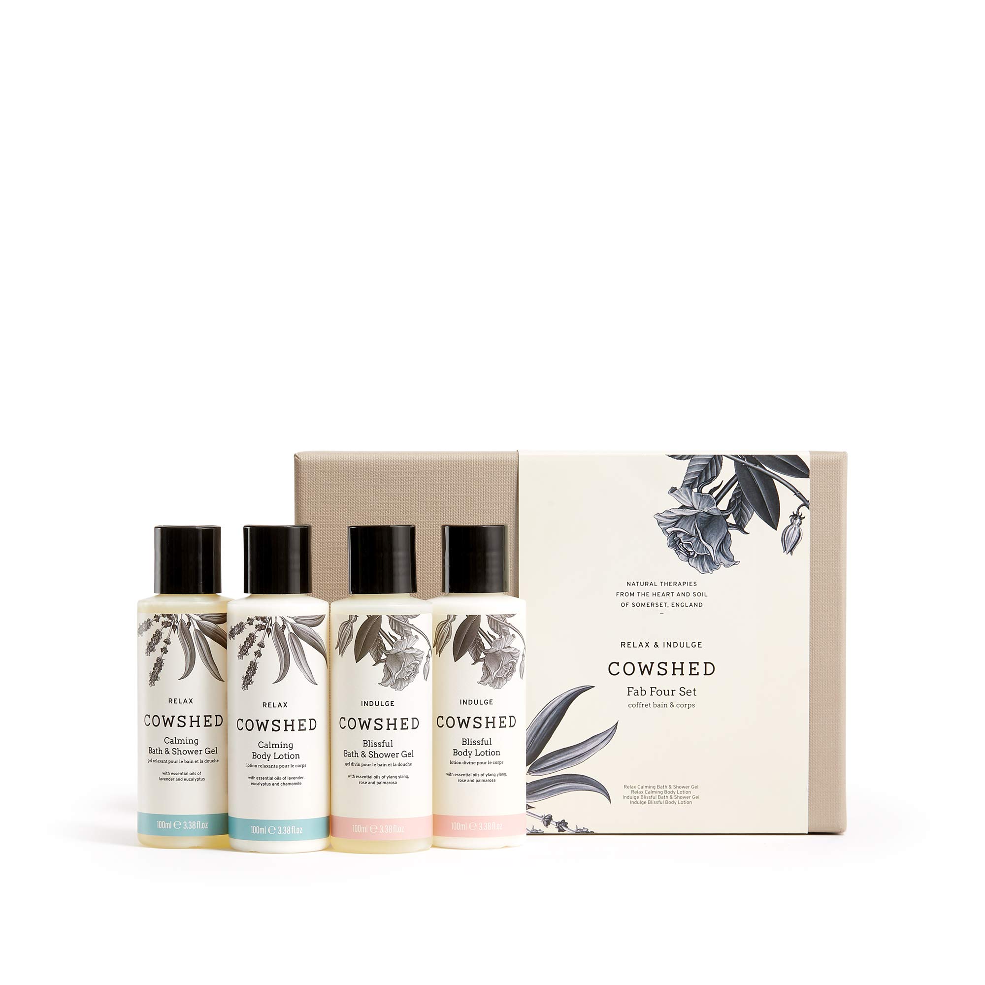 Cowshed FAB Four Set - 4 x 100 ml - Luxury Gift Sets for Women - Calming Bath & Shower Gel - Calming Body Lotion - Blissful Bath & Shower Gel - Blissful Body Lotion - Travel-Friendly Set
