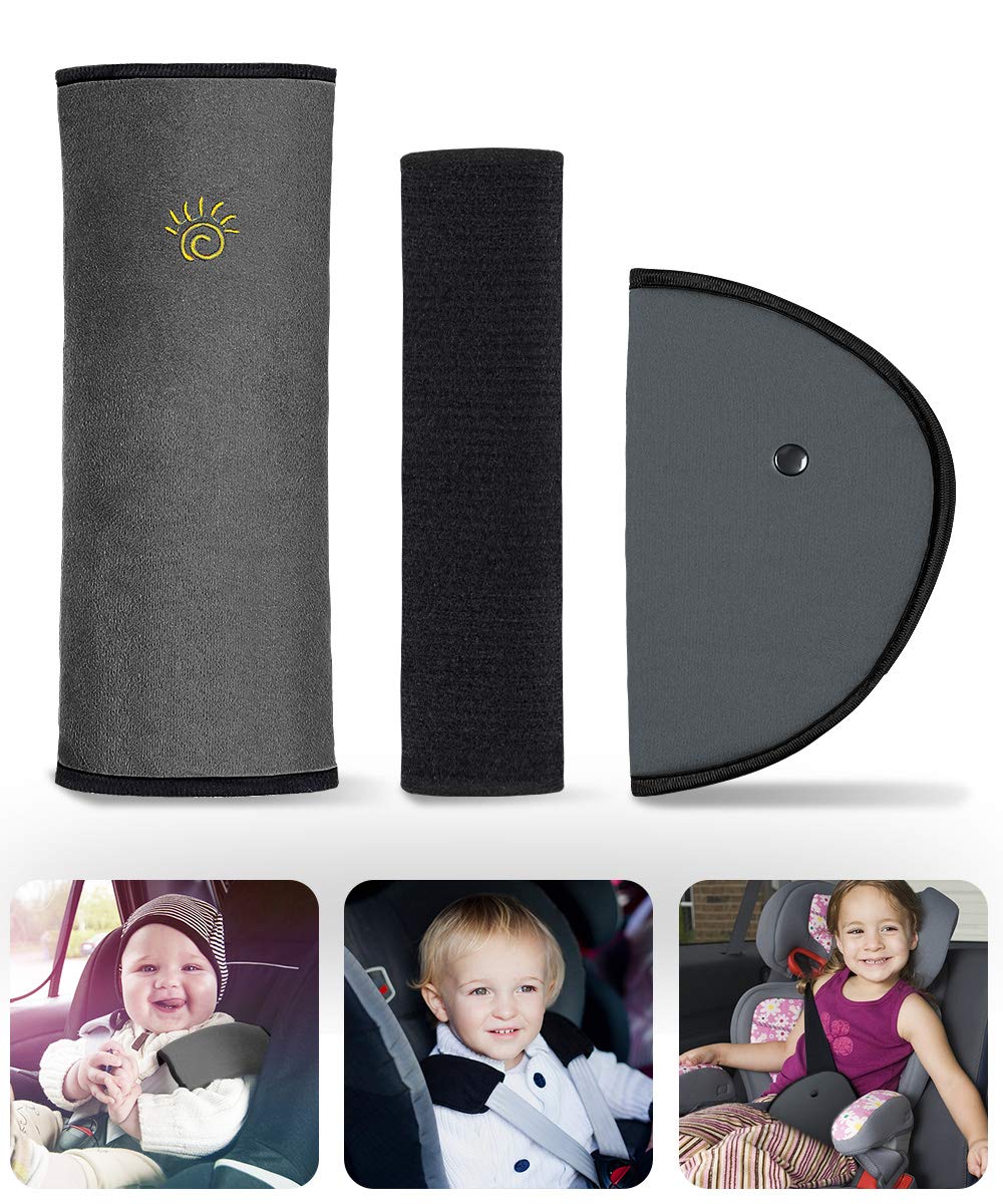 Car Seat Belt Pillow, Elegear [3 Pack] Comfortable Soft Seat Belt Cover Pads, Ergonomic Breathable Cotton Head Support Shoulder Protection Cushion for Baby, kid, Adult - Gray