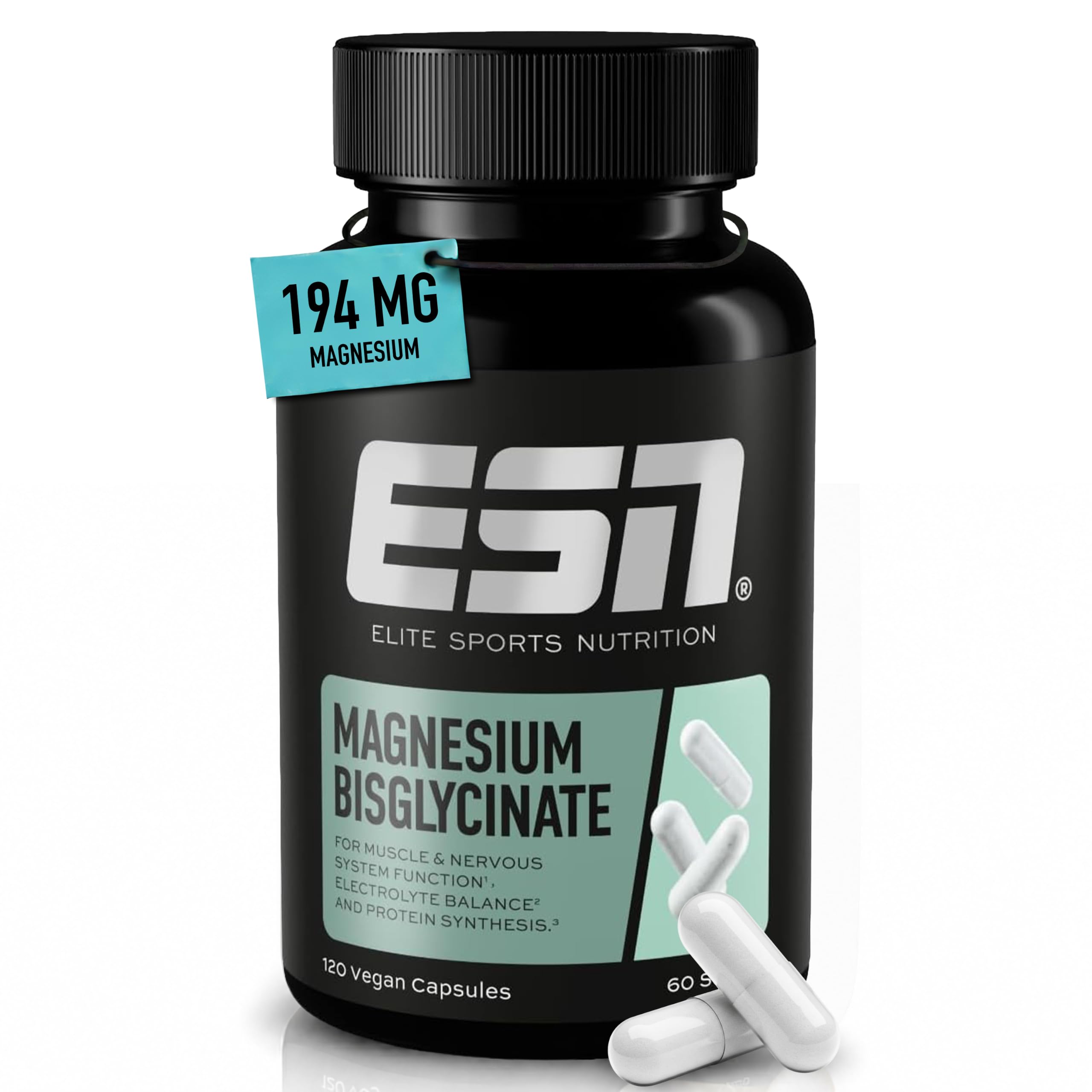 ESN Magnesiumbisglycinat Kapseln - mit 194 mg Magnesium pro Tagesportion - gute Verträglichkeit und Bioverfügbarkeit - vegan - 120 Kapseln, 60 Portionen