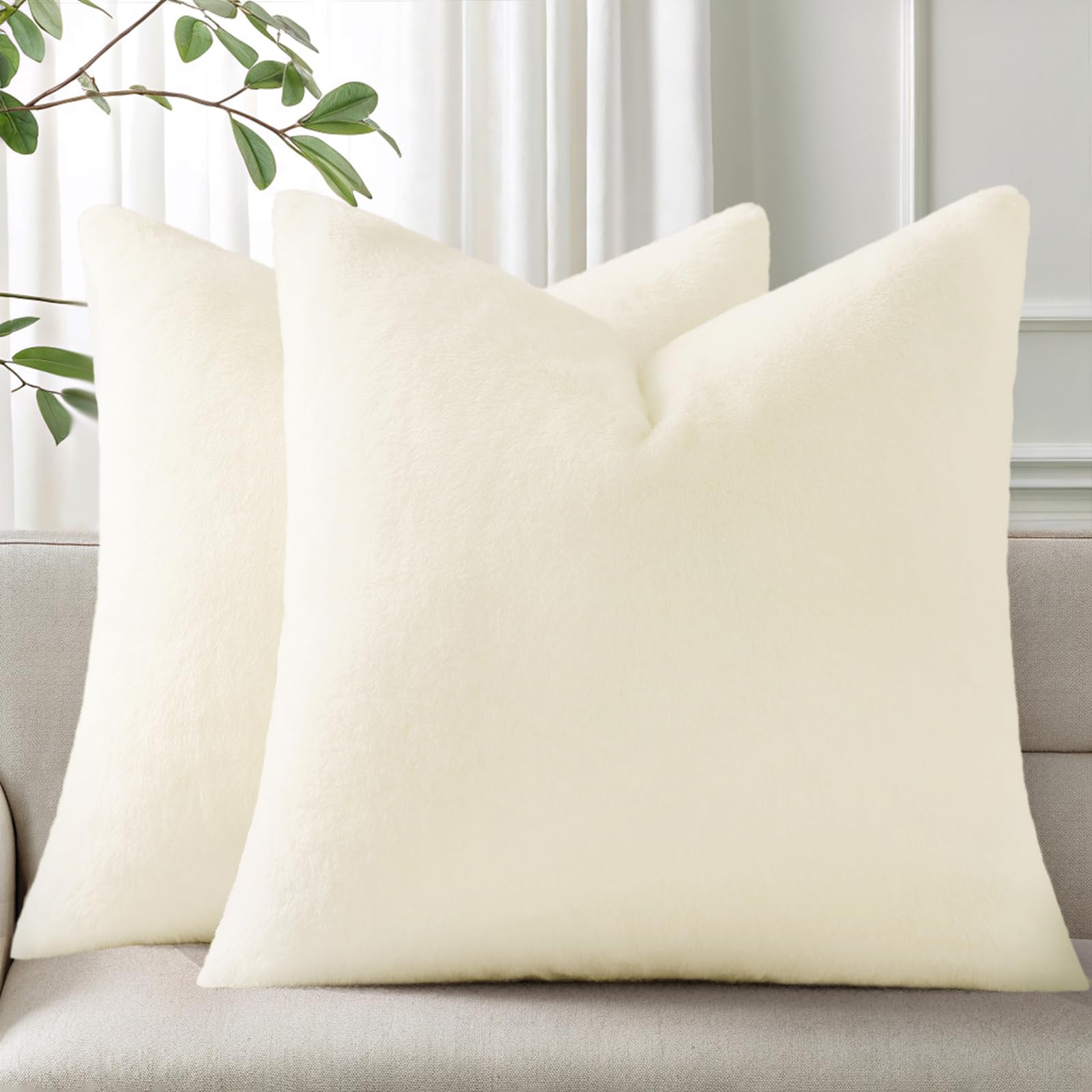 Photo 1 of Pallene Faux Fur Plush Christmas Throw Pillow Covers 18x18 Set of 2, Soft Fluffy Couch Pillow Covers for Living Room, Cream White