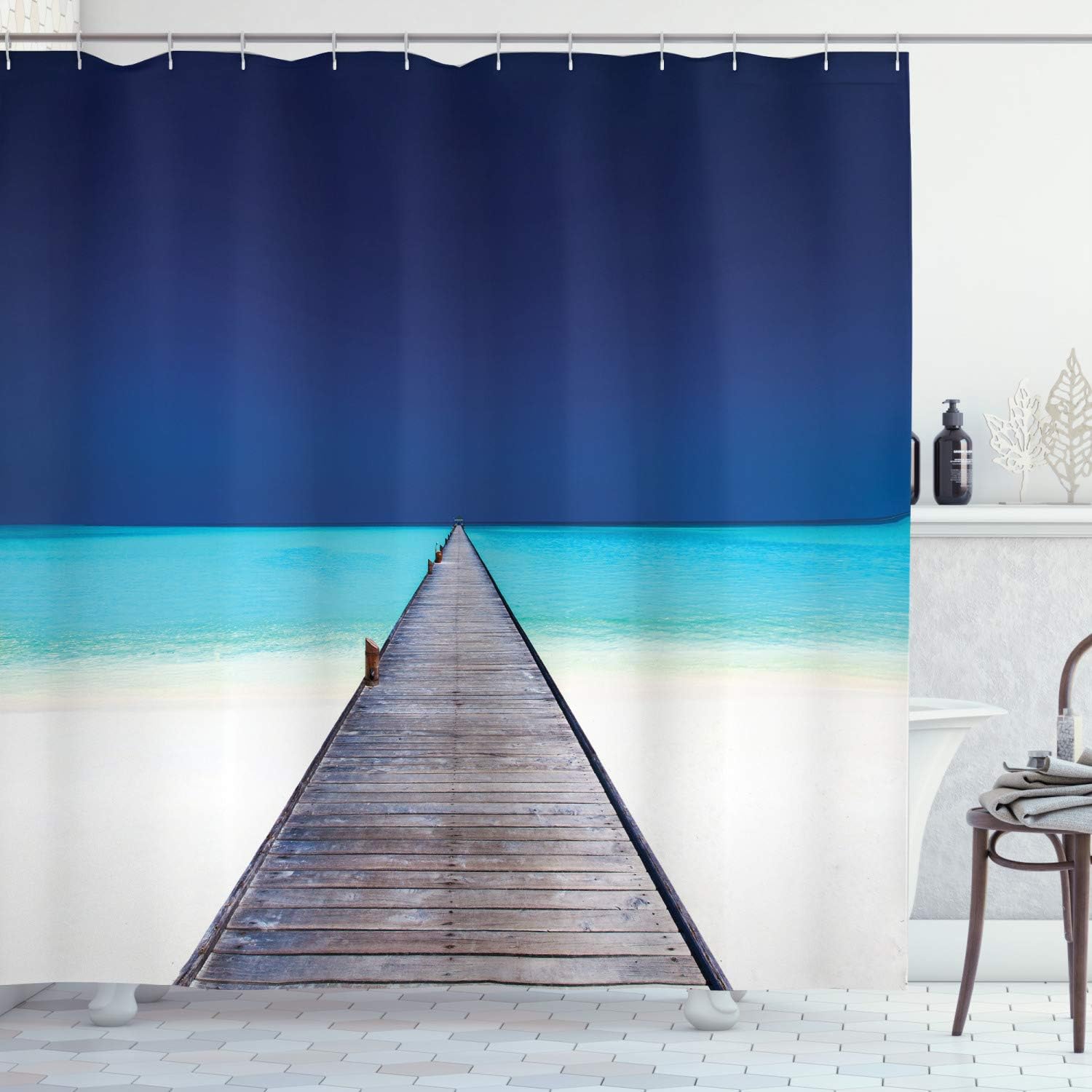 Amazon Com Ambesonne House Decor Shower Curtain Set Wooden Long Jetty Over Beach Sand With Crystal Water Tropical Hawaiian Paradise Bathroom Accessories 84 Long Extra Navy Turquoise Cream Home Kitchen