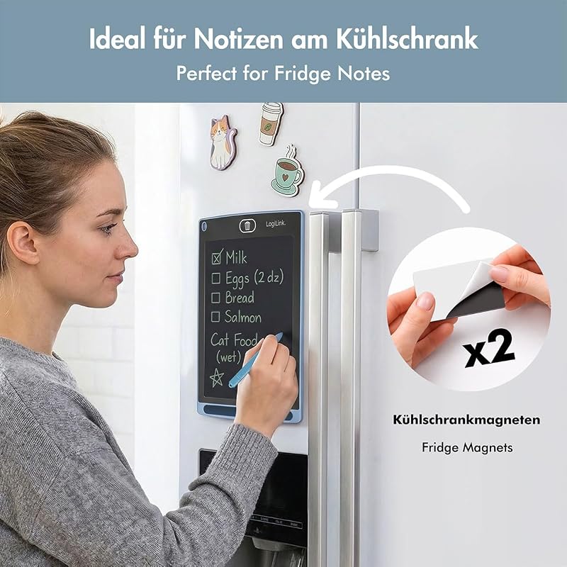 LCD-Schreibtafel 8,5", lösch- und wiederbeschreibbar, augenschonend, Bildschirmsperre, EIN-klick-Radierer, Magnete zum Anheften an den Kühlschrank, inkl. Stylus Stift, Farbe: Blau