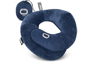 BCOZZY Organic Cotton Double Support Neck Pillow for Travel - 3 Ergonomic Positions for Head, Neck, and Chin Comfort - Ideal for Sleeping Upright on Flights, Cars, and at Home – Large, Navy