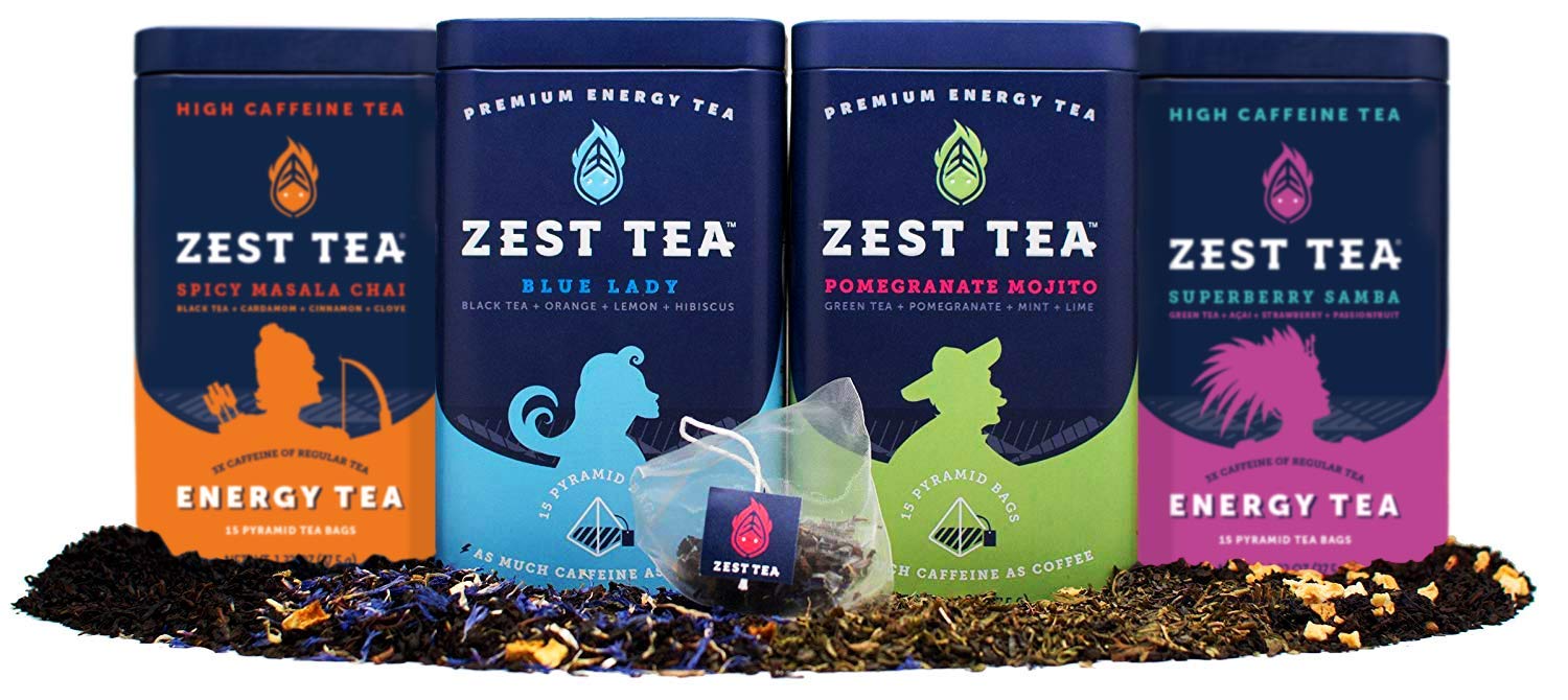 Zest Tea Premium Energy Hot Tea, High Caffeine Blend Natural and Healthy Traditional Black Coffee Substitute, Ultimate Sampler Variety Pack, Top 4 Flavors, 60 Sachet (4 Tins)