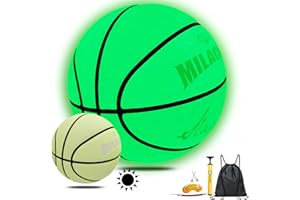 MILACHIC Glow in The Dark Basketball - Glowing Leather Green Light Up Gift for Teenagers, Men, Women - Indoor-Outdoor Night Game with Pump (Size 5/6/7)