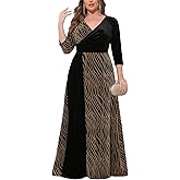 ZOMVA Plus Size Women's Velvet Splice Sparkly Maxi Dress 3/4 Sleeve V-Neck Wrap A-line Dresses Formal Evening Cocktail